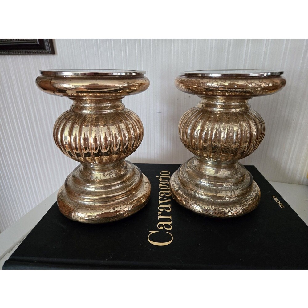 Set of 2 Gold Candle Holder Pedestals with Mirror Inserts by Valerie Parr Hill